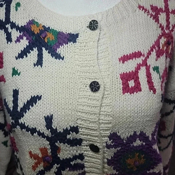 Vintage Grandma Hand Knit Cardigan Sweater Rami/Cotton Blend XL Colorful - Picture 2 of 6